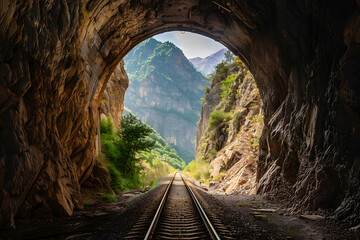 Naklejka premium A tunnel cuts through the mountains, with a new road or railway tracks illustrating the combination of natural beauty and human engineering, symbolizing exploration and communication