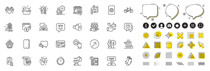Set of Time, Radiator and Megaphone line icons for web app. Design elements, Social media icons. Bicycle, Like, Payment card icons. Fake review, Inspect, Socks signs. Vector