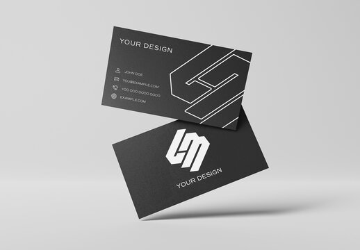 Black Business Cards Floating On White Background Mockup