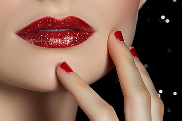 Fototapeta premium Stylish close up woman s elegant red nails delicately touching vibrant lipstick