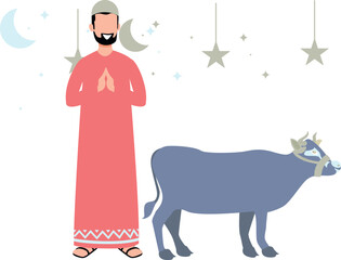 The man is standing next to the cow.