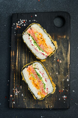 Homemade asian style gluten free sushi salmon burger.