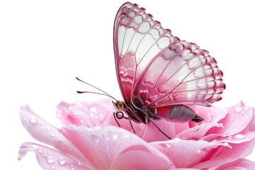 Butterfly on pink rose flower isolated on white background  clipping path included