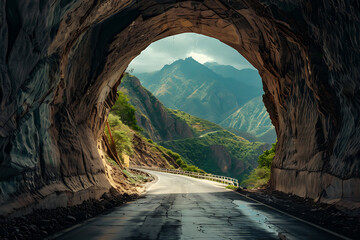 A tunnel cuts through the mountains, with a new road or railway tracks illustrating the combination of natural beauty and human engineering, symbolizing exploration and communication