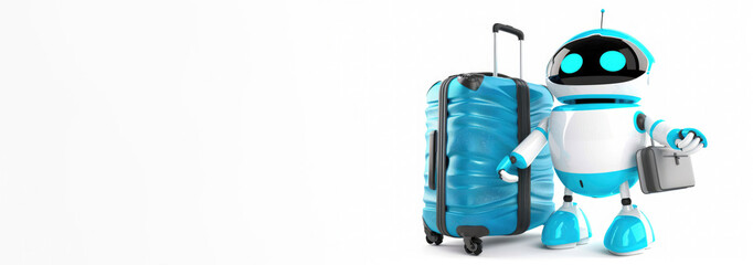 Robot tourist standing with his blue suitcase and going on a summer holiday trip