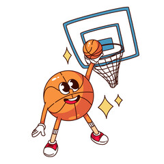 Groovy orange ball cartoon character playing basketball. Funny retro champion throwing ball into hoop, basketball championship mascot, cartoon tournament sticker of 70s 80s style vector illustration
