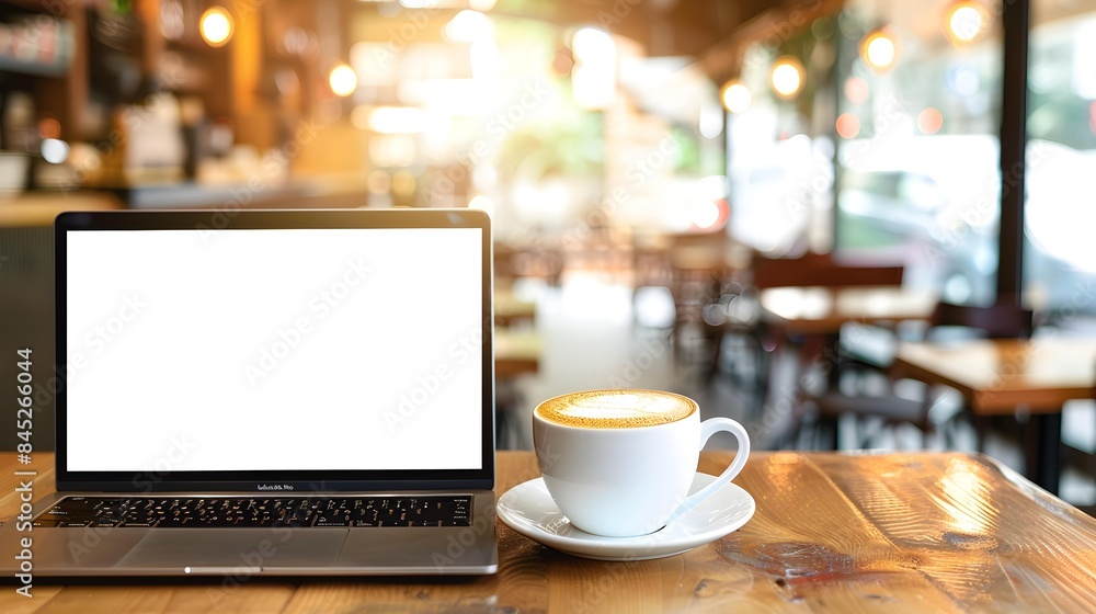 Fototapete laptop blank screen on wood table with coffee cafe background, mockup, template for your text, clipp