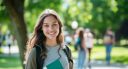 Fototapeta premium Girl student with a backpack with books in her hands near college