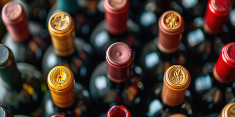 Top view of various wine bottles with colorful caps, showcasing diversity in packaging and selection for wine enthusiasts.