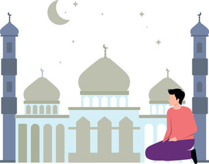 The boy is sitting outside the mosque.