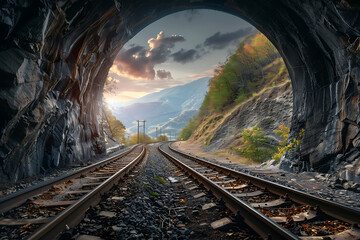 A tunnel cuts through the mountains, with a new road or railway tracks illustrating the combination of natural beauty and human engineering, symbolizing exploration and communication