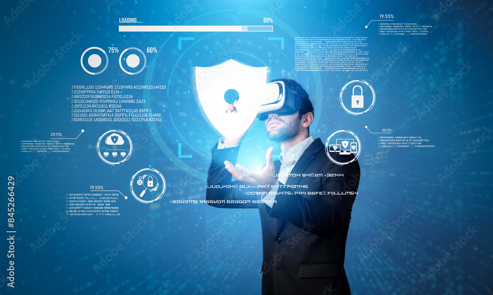 Poster caucasian project manager wearing vr glasses while look at hologram of security system. smart busine
