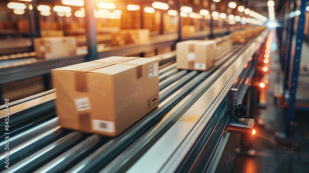 Poster efficient express shipping service featuring fast delivery methods with packages moving on conveyor 
