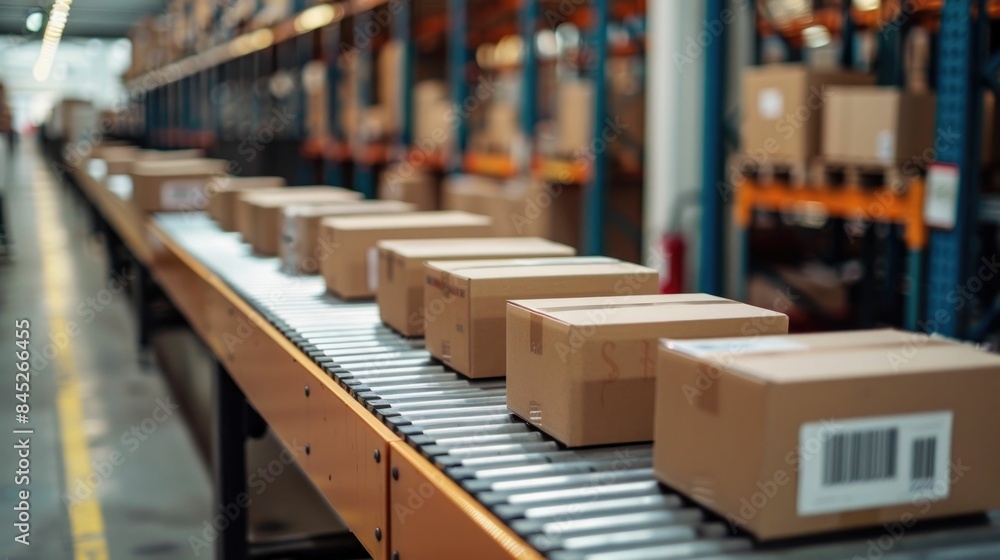 Poster efficient express shipping and logistics in modern warehouse facility high volume package sorting ha