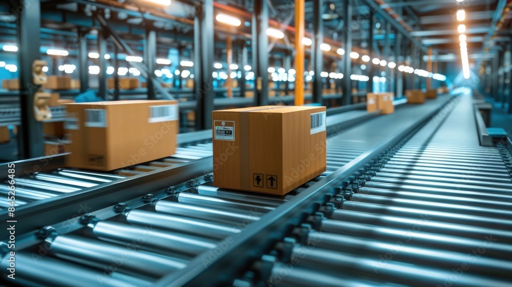 Poster efficient logistics and express shipping service in modern warehouse facility with automated conveyo