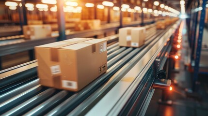 Efficient Express Shipping Service Featuring Fast Delivery Methods with Packages Moving on Conveyor Belts in a Busy Warehouse Logistics Setting