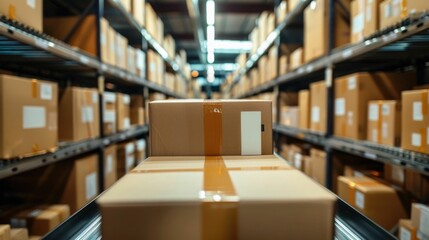 Fototapeta premium Efficient and Fast Express Shipping Service Featuring Organized Warehouse Shelving and Storage System for Freight and Cargo Delivery