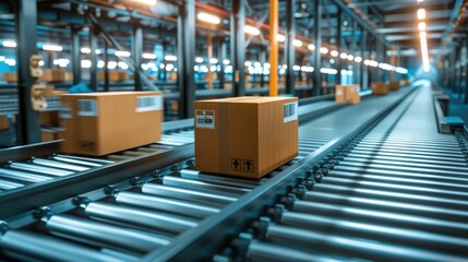 Efficient Logistics and Express Shipping Service in Modern Warehouse Facility with Automated Conveyor System and Organized Cargo Handling for Fast and Reliable Delivery