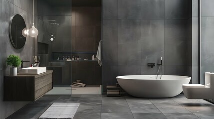 interior of modern bathroom with gray tiles and glass grey walls and sink