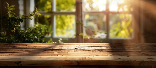 Wooden table illuminated by soft spring sunlight against a blurred window backdrop.