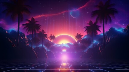 Naklejka premium Glowing Sci-Fi Miracle in a Surreal Tropical Retro Landscape
