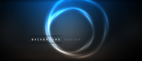 Neon glowing circle rays, light round lines in the dark, planet style neon wave lines. Energetic electric concept design for wallpaper, banner, background