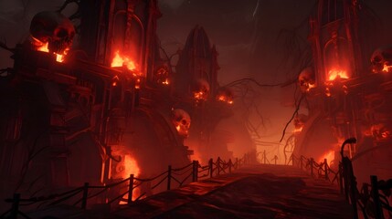 Obraz premium Haunting Sci-Fi Hellscape with Floating Skulls and Fiery Backdrop