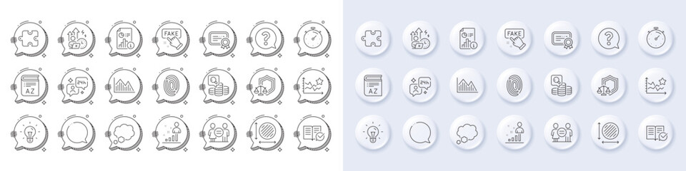 Investment graph, Stats and Speech bubble line icons. White pin 3d buttons, chat bubbles icons. Pack of Approved documentation, Consulting, Ranking stars icon. Vector