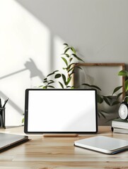 Home office table desk with tablet touchpad white screen mockup