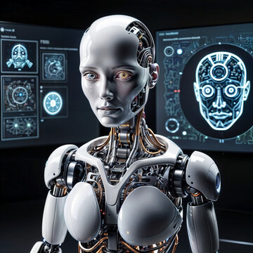 Artificial Intelligence: Visuals of AI interfaces and robots.