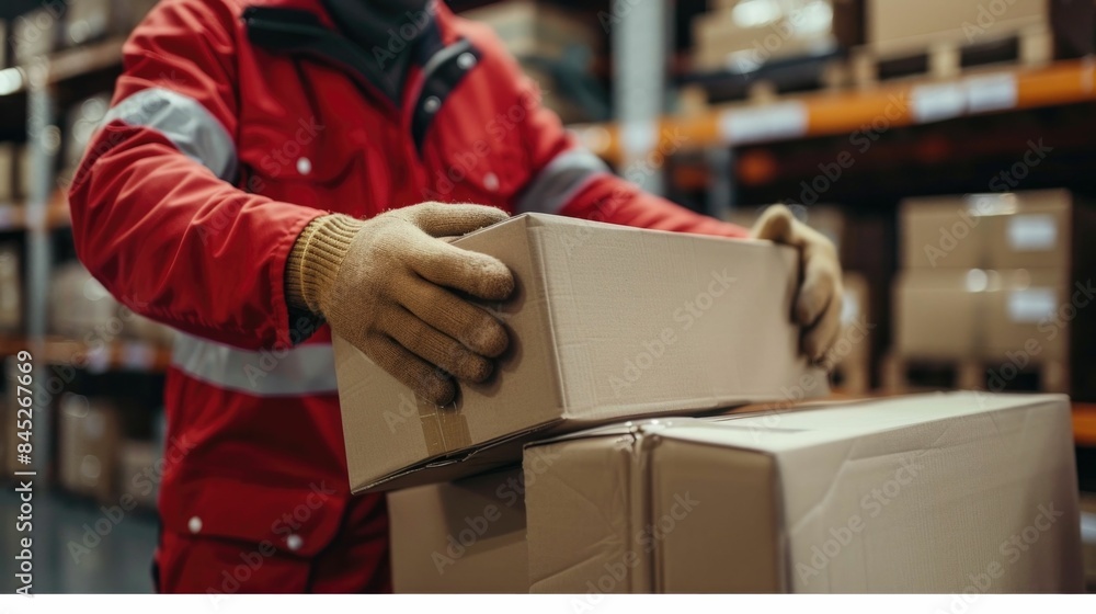 Poster courier in red uniform carefully handling and securing fragile parcels with gloved hands in a wareho