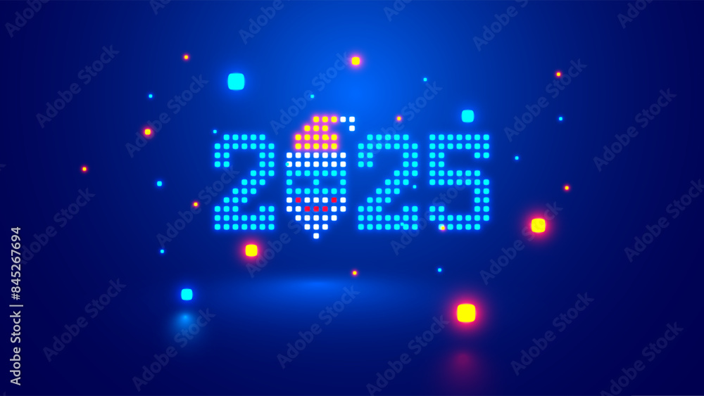 Poster 2025 new year and happy christmas card in digital, tech style. pixel digits 2025 with icon santa cla