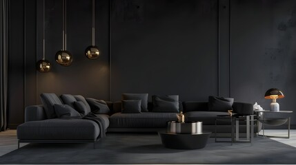 Home interior, modern dark living room interior, black empty wall mock up, 3d render