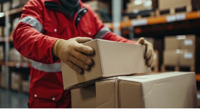 Courier in red uniform carefully handling and securing fragile parcels with gloved hands in a warehouse distribution center ensuring the safe transportation and delivery of goods