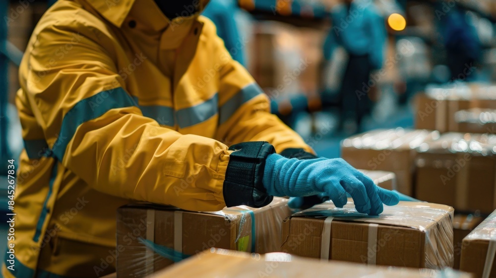 Poster courier in uniform carefully inspecting and handling secure parcel shipment to ensure proper protect
