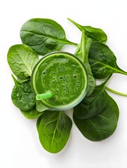 Obraz premium Healthy Green Spinach Smoothie Fresh spinach leaves in green juice on a white background