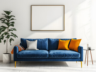 Modern living room with blue sofa against white wall and poster frame