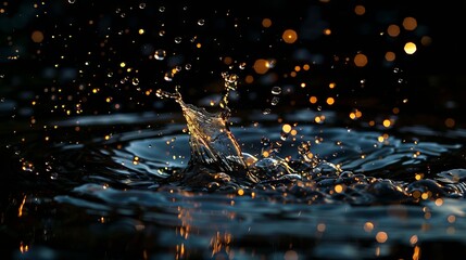 Captivating bokeh effect with water droplets and gleaming lights on a dark backdrop