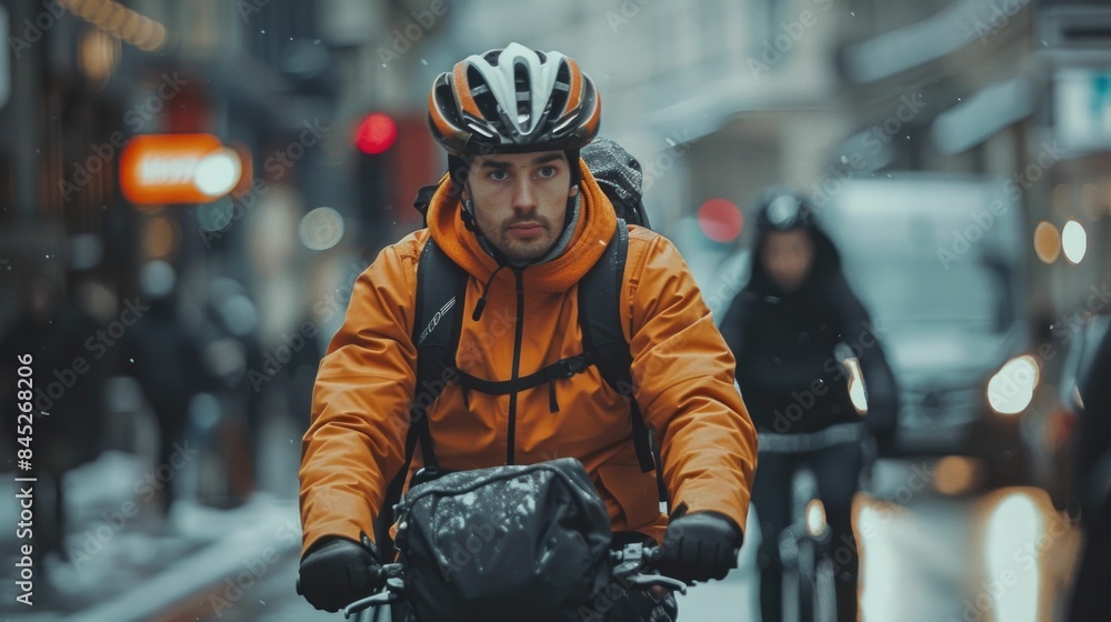 Poster courier riding bicycle to swiftly navigate through a bustling urban environment for efficient delive