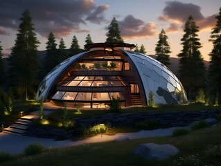 Fototapeta premium Protective Dome Over Sustainable House with Green Energy Technology in Forested Landscape