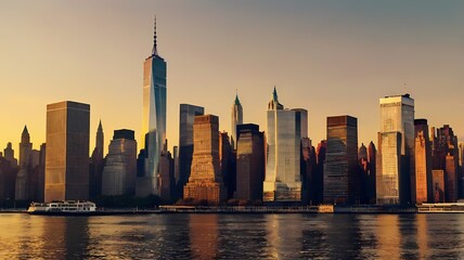 city skyline at sunset in new york