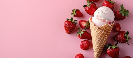 Ice cream cone topped with strawberries on a pastel pink background, with space for text.