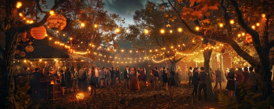 Hosting a harvest-themed dance party, October 30th, music and dancing under fall lights, 4K hyperrealistic photo.