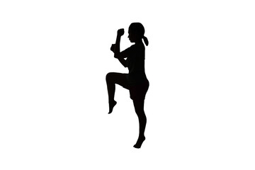 Silhouette of a woman doing knee strikes in muay thai sport, isolated on transparent background, png file.