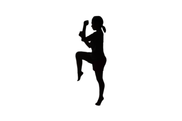 Silhouette of a woman doing knee strikes in muay thai sport, isolated on transparent background, png file.
