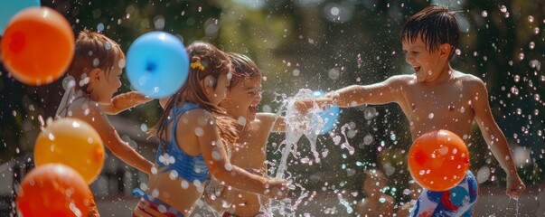 Kids having a fun water balloon fight for National Root Beer Float Day, August 6th, laughter and playful splashes, 4K hyperrealistic photo.