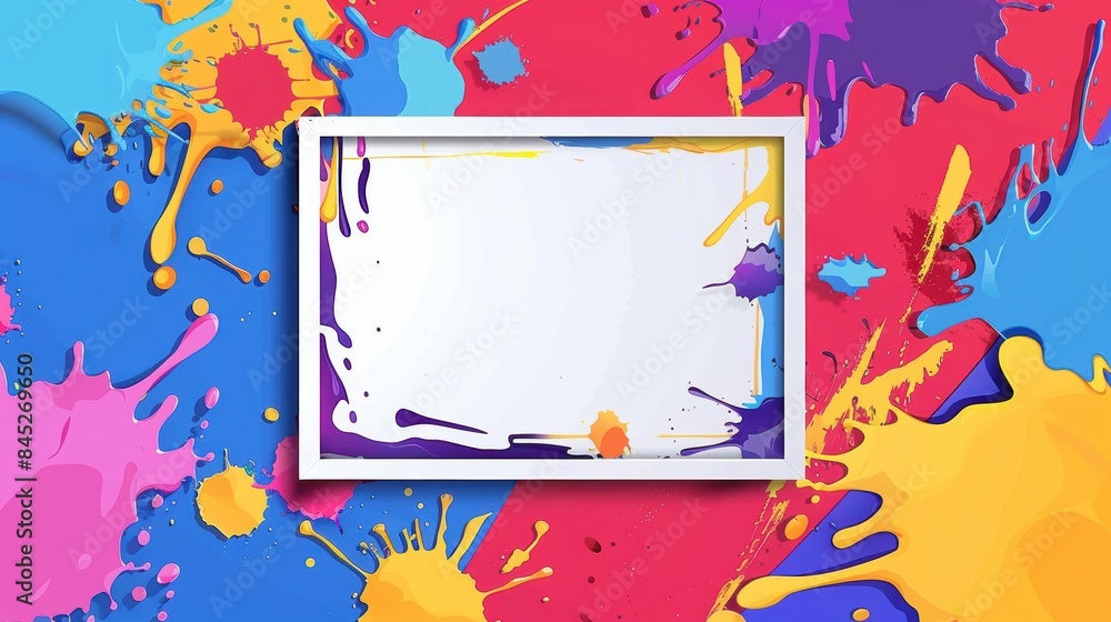 Poster create a vibrant pop art scene with a blank white frame in a flat design top view, surrounded by col