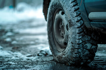 Close-up of a 4x4 tire covered in snow, parked on a snowy road