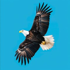 Obraz premium Bold Pop Art Bald Eagle Soaring with Independence Day Text on Blue Background