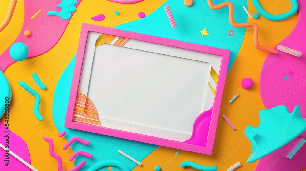 Poster design a vivid pop art animation incorporating a blank white frame flat design top view with bright 